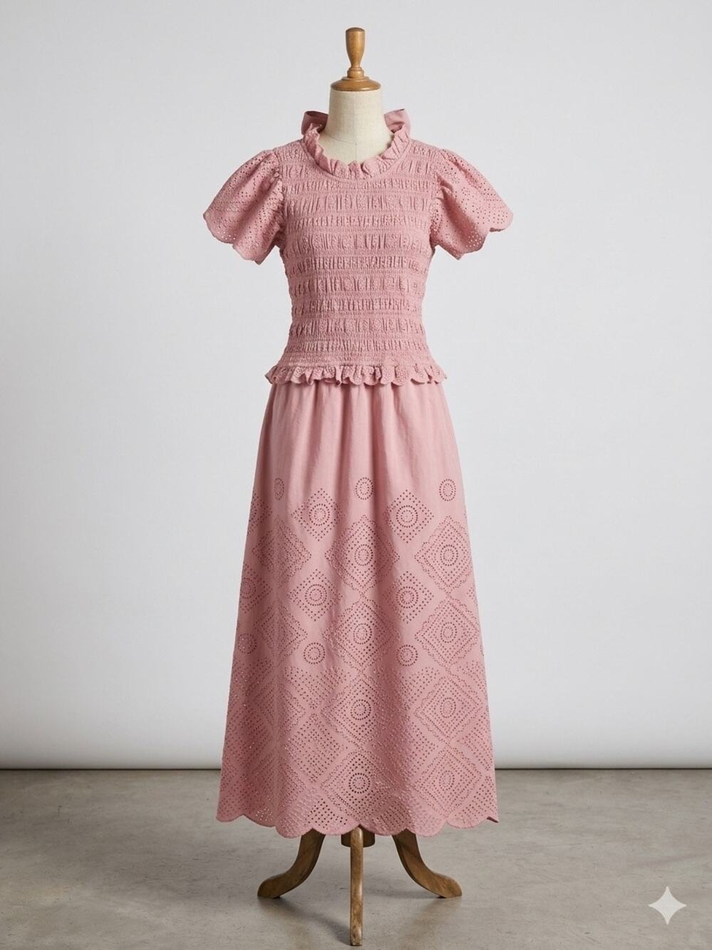 Sea New York Vienne Smocked Eyelet Midi Dress in Mauve Pink 8 Cottagecore Boho